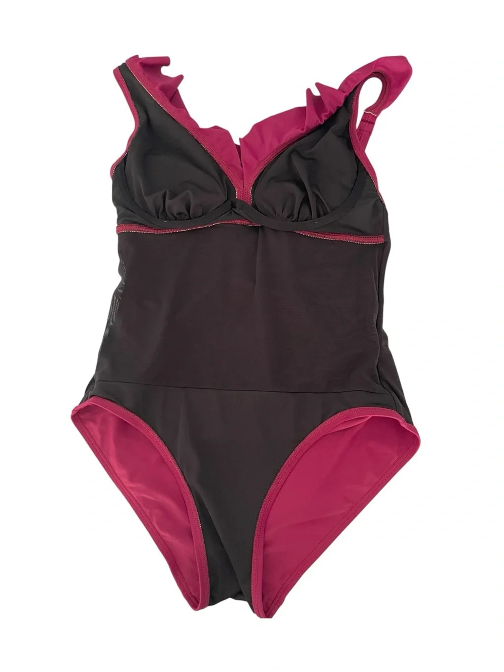 DKNY One Piece Swimsuit Ruffle V Neck Ruched Tummy Control Berry Size 10 - Picture 7 of 10